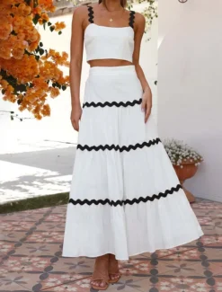 New Women's Midi Dress White Dress Graduation Dress Two Piece Dress Fashion Birthday Graduation Date Regular Fit Color Block Sleeveless Spaghetti Strap Light Yellow White Summer Women White Dresses
