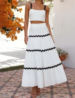 New Women's Midi Dress White Dress Graduation Dress Two Piece Dress Fashion Birthday Graduation Date Regular Fit Color Block Sleeveless Spaghetti Strap Light Yellow White Summer Women White Dresses