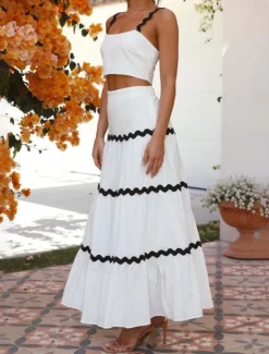 New Women's Midi Dress White Dress Graduation Dress Two Piece Dress Fashion Birthday Graduation Date Regular Fit Color Block Sleeveless Spaghetti Strap Light Yellow White Summer Women White Dresses