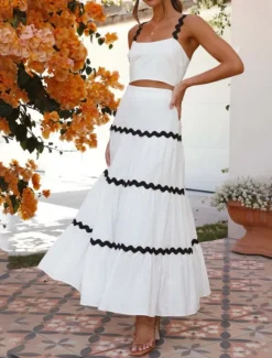 New Women's Midi Dress White Dress Graduation Dress Two Piece Dress Fashion Birthday Graduation Date Regular Fit Color Block Sleeveless Spaghetti Strap Light Yellow White Summer Women White Dresses