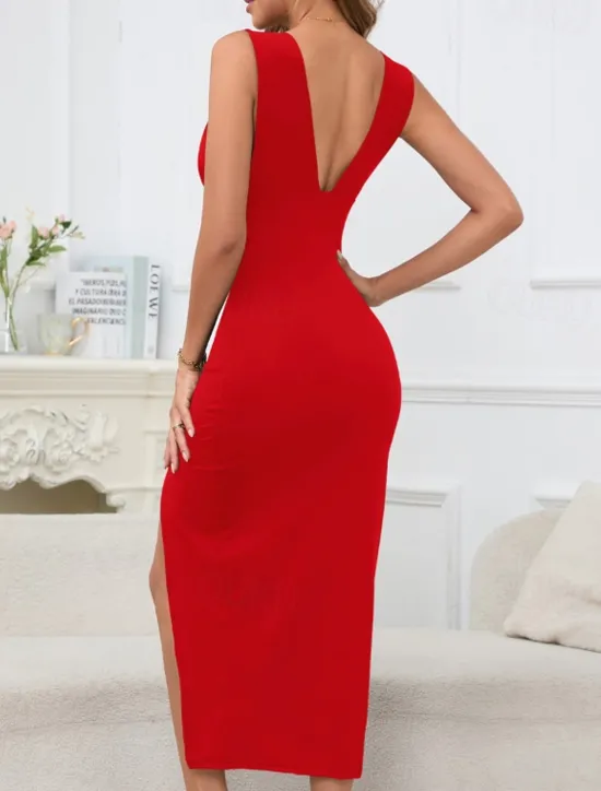 Hot Women's Midi Dress White Dress Graduation Dress Bodycon Fashion Birthday Date Going out Regular Fit Plain Sleeveless V Neck Black White Red Blue Summer Women White Dresses
