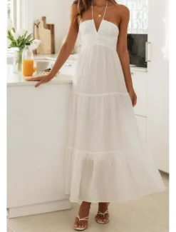 Hot Women's Midi Dress Dress Graduation Dress Fashion Holiday Graduation Going out Regular Fit Plain Sleeveless V Neck Summer Women White Dresses