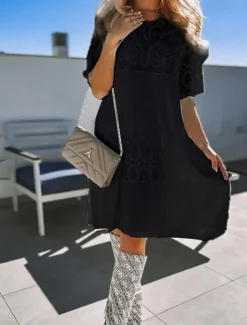 Hot Women's Midi Dress White Dress Lace Dress Casual Dress Summer Dress Fashion Outdoor Holiday Date Regular Fit Plain Short Sleeve Crew Neck Black White Navy Blue Summer Spring Women White Dresses