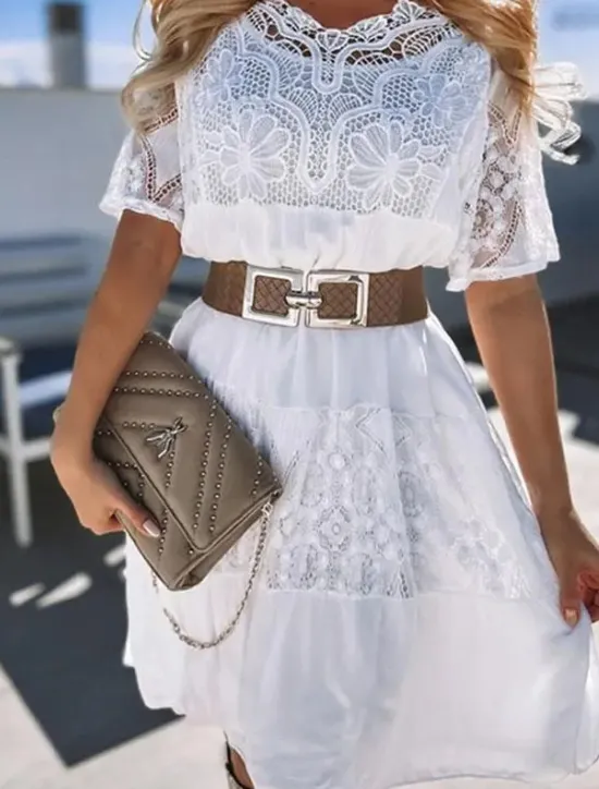 Hot Women's Midi Dress White Dress Lace Dress Casual Dress Summer Dress Fashion Outdoor Holiday Date Regular Fit Plain Short Sleeve Crew Neck Black White Navy Blue Summer Spring Women White Dresses