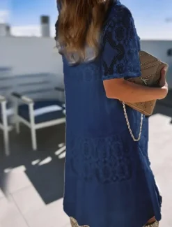 Hot Women's Midi Dress White Dress Lace Dress Casual Dress Summer Dress Fashion Outdoor Holiday Date Regular Fit Plain Short Sleeve Crew Neck Black White Navy Blue Summer Spring Women White Dresses