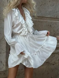 Hot Women's Midi Dress White Dress Stylish Basic Casual Vacation Daily Regular Fit Plain Long Sleeve V Neck White Blue Spring Fall Women White Dresses