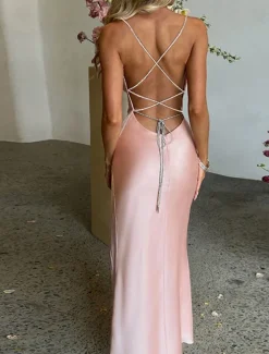 Sale Women's Midi Dress White Dress Graduation Dress Party Dress Elegant Fashion Party Graduation Going out Regular Fit Plain Sleeveless Spaghetti Strap Black White Pink Summer Women White Dresses