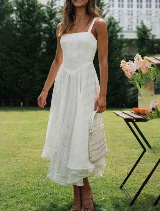 Discount Women's Midi Dress Dress Graduation Dress Slip Dress Fashion Birthday Holiday Date Regular Fit Plain Sleeveless Spaghetti Strap Summer Women White Dresses