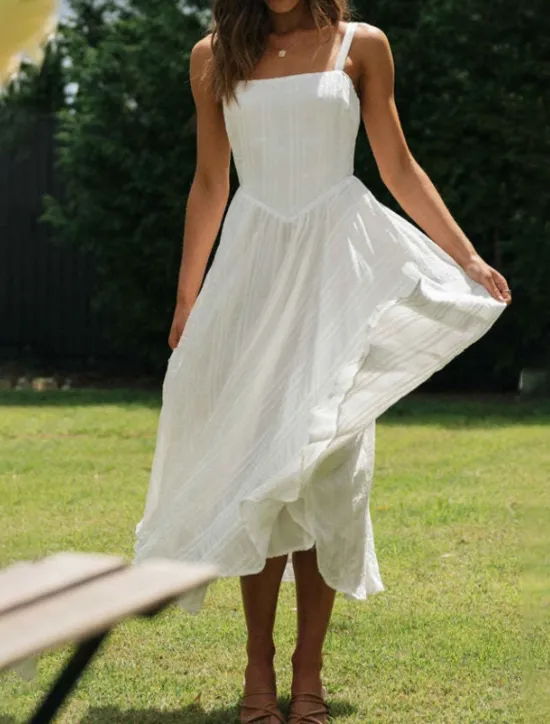 Discount Women's Midi Dress Dress Graduation Dress Slip Dress Fashion Birthday Holiday Date Regular Fit Plain Sleeveless Spaghetti Strap Summer Women White Dresses