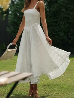 Discount Women's Midi Dress Dress Graduation Dress Slip Dress Fashion Birthday Holiday Date Regular Fit Plain Sleeveless Spaghetti Strap Summer Women White Dresses