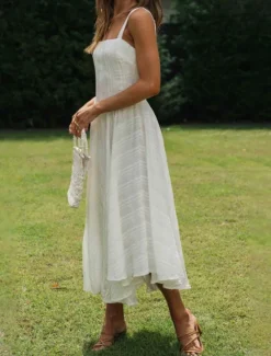 Discount Women's Midi Dress Dress Graduation Dress Slip Dress Fashion Birthday Holiday Date Regular Fit Plain Sleeveless Spaghetti Strap Summer Women White Dresses