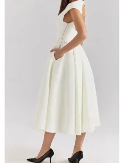 New Women's Midi Dress White Dress Fashion Modern Birthday Graduation Date Regular Fit Plain Sleeveless Crew Neck Black Light Grey Beige Summer Women White Dresses