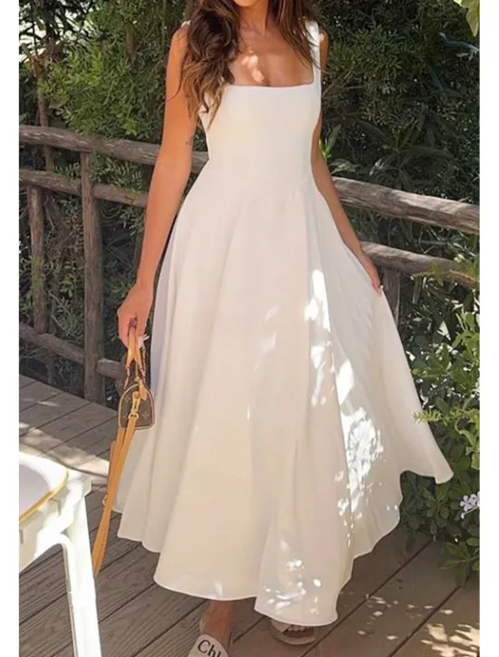 Women's Midi Dress White Dress Graduation Dress Slip Dress Fashion Birthday Graduation Date Regular Fit Plain Sleeveless Spaghetti Strap Black White Summer Women White Dresses