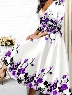 Outlet Women's Midi Dress Winter Dress Swing Dress Semi Formal Dress A Line Dress Fashion Streetwear Modern Formal Outdoor Vacation Regular Fit Floral 3/4 Length Sleeve V Neck Wine Blue Purple Fall Winter Women Spring Dresses|Cocktail Dress
