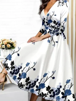Outlet Women's Midi Dress Winter Dress Swing Dress Semi Formal Dress A Line Dress Fashion Streetwear Modern Formal Outdoor Vacation Regular Fit Floral 3/4 Length Sleeve V Neck Wine Blue Purple Fall Winter Women Spring Dresses|Cocktail Dress
