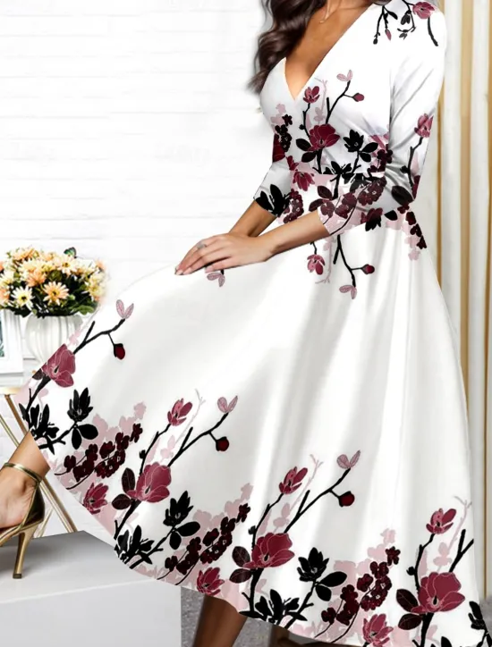 Outlet Women's Midi Dress Winter Dress Swing Dress Semi Formal Dress A Line Dress Fashion Streetwear Modern Formal Outdoor Vacation Regular Fit Floral 3/4 Length Sleeve V Neck Wine Blue Purple Fall Winter Women Spring Dresses|Cocktail Dress