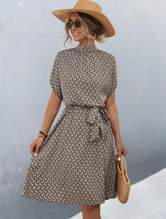 Sale Women's Midi Dress Work Dresses Casual Daily Regular Fit Graphic Plaid Short Sleeve High Neck Black Brown Summer Women Work Dresses