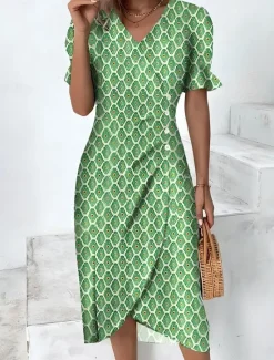 Best Women's Midi Dress Wrap Dress Elegant Lightweight Puff Sleeve Short Sleeve V Neck Going out Regular Fit Floral Graphic Blue Purple Green Women Casual Dress|Floral Dresses