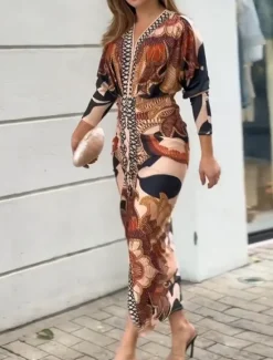 Online Women's Midi Dress Wrap Dress Vacation Casual Boho Outdoor Going out Beach Loose Fit Floral Graphic Paisley Long Sleeve V Neck Summer Spring Women Vacation Dresses