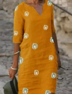 Clearance Women's Midi Dress Yellow Red Green Summer Spring Shift Dress Casual Daily Loose Fit Flower Notched Neck Women Vacation Dresses