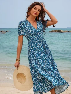 Discount Women's Mid-Length Dress Short Sleeve V-neck Floral Print Bohemian Style Comfortable Beach Vacation Wear White Summer Spring Clothing Apparel Women Chiffon Dresses
