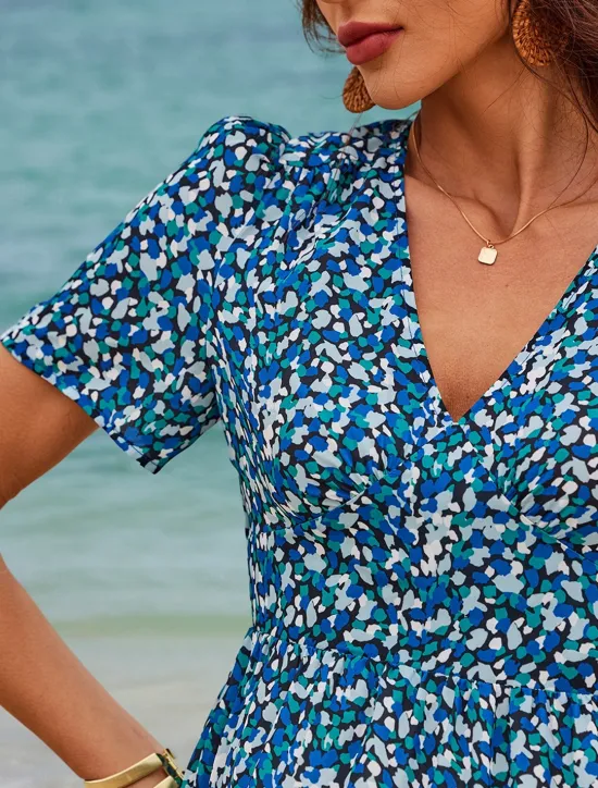 Discount Women's Mid-Length Dress Short Sleeve V-neck Floral Print Bohemian Style Comfortable Beach Vacation Wear White Summer Spring Clothing Apparel Women Chiffon Dresses