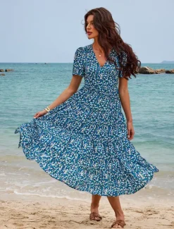Discount Women's Mid-Length Dress Short Sleeve V-neck Floral Print Bohemian Style Comfortable Beach Vacation Wear White Summer Spring Clothing Apparel Women Chiffon Dresses