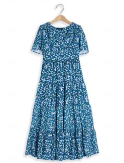 Discount Women's Mid-Length Dress Short Sleeve V-neck Floral Print Bohemian Style Comfortable Beach Vacation Wear White Summer Spring Clothing Apparel Women Chiffon Dresses