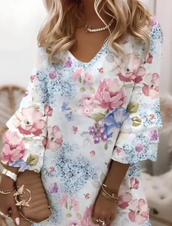 New Women's Mini Dress A Line Dress Vacation Sundress Casual Boho Party Summer Dress Regular Fit Floral Graphic Layered Ruffle 3/4 Length Sleeve V Neck Light Blue Light Purple Summer Women Vacation Dresses