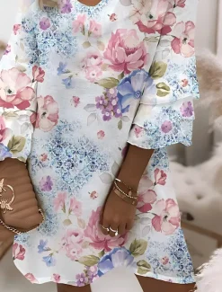 New Women's Mini Dress A Line Dress Vacation Sundress Casual Boho Party Summer Dress Regular Fit Floral Graphic Layered Ruffle 3/4 Length Sleeve V Neck Light Blue Light Purple Summer Women Vacation Dresses