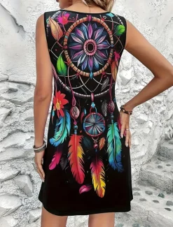 New Women's Mini Dress A Line Dress Summer Dress Vacation Casual Daily Regular Fit Graphic Tribal Sleeveless Crew Neck Summer Women Sundresses|T Shirt Dresses