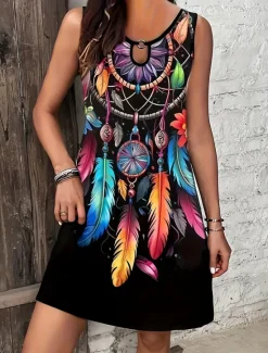 New Women's Mini Dress A Line Dress Summer Dress Vacation Casual Daily Regular Fit Graphic Tribal Sleeveless Crew Neck Summer Women Sundresses|T Shirt Dresses