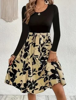 Hot Women's Mini Dress A Line Dress Casual Daily Regular Fit Floral Graphic Long Sleeve Crew Neck Dark Yellow White Yellow Wine Summer Women Casual Dress