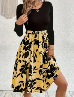Hot Women's Mini Dress A Line Dress Casual Daily Regular Fit Floral Graphic Long Sleeve Crew Neck Dark Yellow White Yellow Wine Summer Women Casual Dress