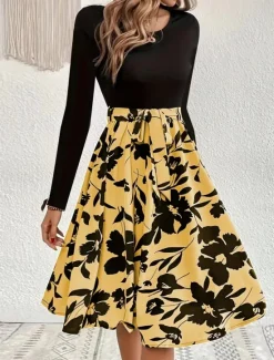 Hot Women's Mini Dress A Line Dress Casual Daily Regular Fit Floral Graphic Long Sleeve Crew Neck Dark Yellow White Yellow Wine Summer Women Casual Dress