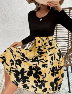 Hot Women's Mini Dress A Line Dress Casual Daily Regular Fit Floral Graphic Long Sleeve Crew Neck Dark Yellow White Yellow Wine Summer Women Casual Dress