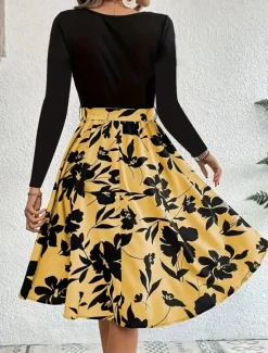 Hot Women's Mini Dress A Line Dress Casual Daily Regular Fit Floral Graphic Long Sleeve Crew Neck Dark Yellow White Yellow Wine Summer Women Casual Dress