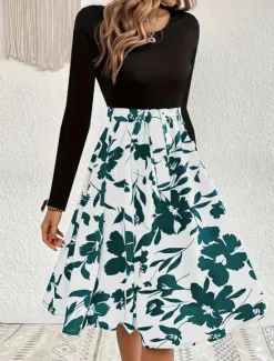 Hot Women's Mini Dress A Line Dress Casual Daily Regular Fit Floral Graphic Long Sleeve Crew Neck Dark Yellow White Yellow Wine Summer Women Casual Dress