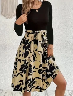 Hot Women's Mini Dress A Line Dress Casual Daily Regular Fit Floral Graphic Long Sleeve Crew Neck Dark Yellow White Yellow Wine Summer Women Casual Dress