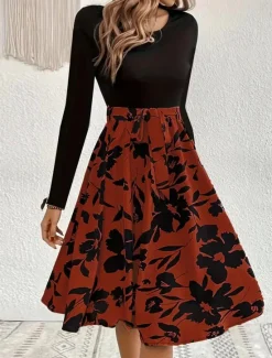 Hot Women's Mini Dress A Line Dress Casual Daily Regular Fit Floral Graphic Long Sleeve Crew Neck Dark Yellow White Yellow Wine Summer Women Casual Dress