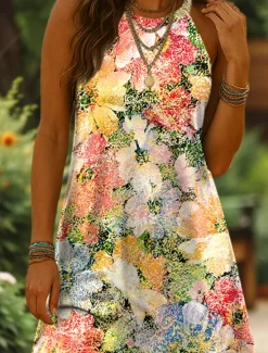 Women's Mini Dress A Line Dress Summer Dress Vacation Casual Daily Regular Fit Floral Graphic Sleeveless Halter Neck Yellow Pink Blue Summer Women Sundresses