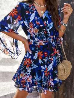 Women's Mini Dress A Line Dress Stylish Vacation Daily Loose Fit Floral Half Sleeve V Neck Summer Women Chiffon Dresses