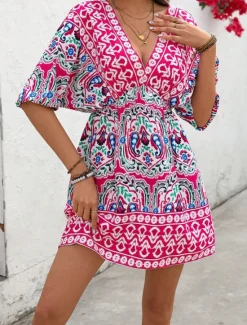 Outlet Women's Mini Dress A Line Dress Vacation Casual Boho Outdoor Going out Regular Fit Floral Graphic 3/4 Length Sleeve V Neck Summer Spring Women Vacation Dresses