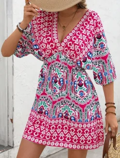Outlet Women's Mini Dress A Line Dress Vacation Casual Boho Outdoor Going out Regular Fit Floral Graphic 3/4 Length Sleeve V Neck Summer Spring Women Vacation Dresses