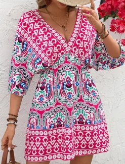 Outlet Women's Mini Dress A Line Dress Vacation Casual Boho Outdoor Going out Regular Fit Floral Graphic 3/4 Length Sleeve V Neck Summer Spring Women Vacation Dresses