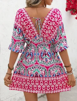 Outlet Women's Mini Dress A Line Dress Vacation Casual Boho Outdoor Going out Regular Fit Floral Graphic 3/4 Length Sleeve V Neck Summer Spring Women Vacation Dresses