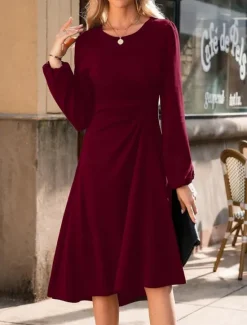 Hot Women's Mini Dress A Line Dress Semi Formal Office Regular Fit Plaid Plain Long Sleeve Crew Neck Black Wine Red Summer Fall Women Work Dresses