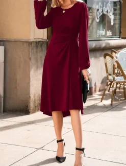 Hot Women's Mini Dress A Line Dress Semi Formal Office Regular Fit Plaid Plain Long Sleeve Crew Neck Black Wine Red Summer Fall Women Work Dresses
