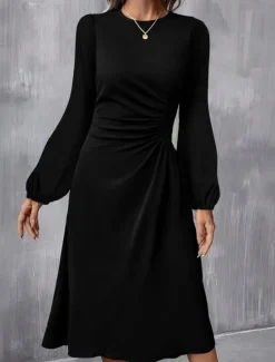 Hot Women's Mini Dress A Line Dress Semi Formal Office Regular Fit Plaid Plain Long Sleeve Crew Neck Black Wine Red Summer Fall Women Work Dresses