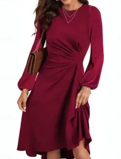Hot Women's Mini Dress A Line Dress Semi Formal Office Regular Fit Plaid Plain Long Sleeve Crew Neck Black Wine Red Summer Fall Women Work Dresses